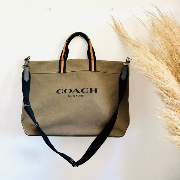 COACH UNISEX Olive Green Black Canvas Leather Zip Travel Shoulder Tote Bag 43 - Picture 1 of 16